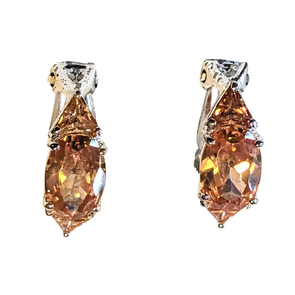 Sterling Silver Marquise Champagne Gem Earrings 1 Inch Elegant Sparkle Cip On - Picture 2 of 6